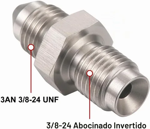 Vista 2 de Adaptador Conector de Ajuste de Manguera de Freno de Acero Inoxidable con Flare Invertido Macho 3AN a Macho 3/8-24