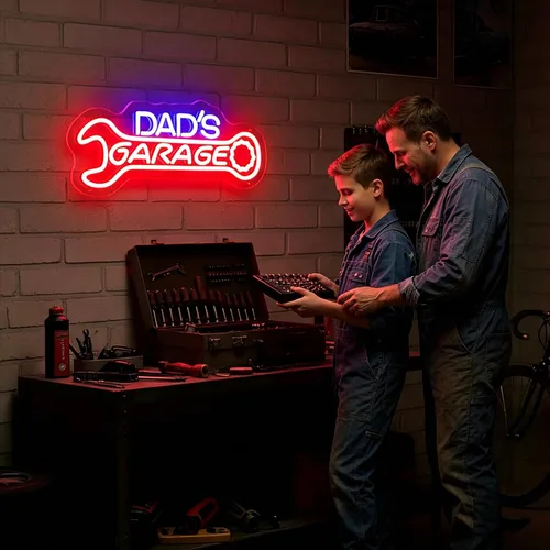 Vista 9 de Letrero de neón para garaje de papá, decoración de pared de garajes LED para taller, regalos para marido, papá, padre, hombres, rojo y azul