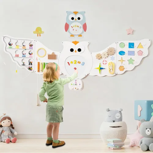 Vista 2 de Olakids Pared Sensorial de Búho, Panel de Tablero Ocupado Montessori de Madera 11 en 1 con Pizarra Blanca Magnética Espejo 26 Accesorios, Centro