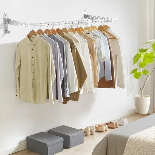 Vista 10 de Tendedero de secado de ropa montado en la pared para organización y almacenamiento de ropa de lavandería, estante de aluminio para secadora con dos