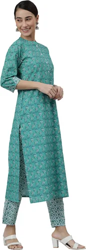 Vista 3 de Janasya Kurta de algodón verde indio con pantalón y dupatta para mujer