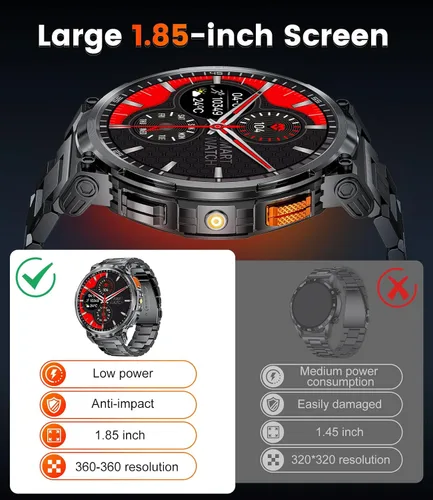 Vista 2 de ESFOE Relojes inteligentes de pantalla grande de 1.85 pulgadas para hombre, compatibles con iOS Android, linterna LED, batería grande de 730 mAh