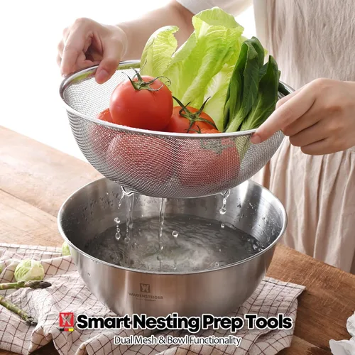 Vista 2 de WAGENSTEIGER Juego de tazón de acero inoxidable y colador de 3 patas, canasta de cocina multiusos con colador de malla fina, cuenco para mezclar