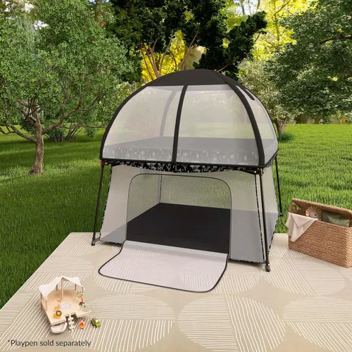 Vista 3 de Dream On Me Ziggy Canopy - Negro/Blanco, compatible con corralito Ziggy Square, protección UV, lluvia e insectos, plegable y apto para viajes