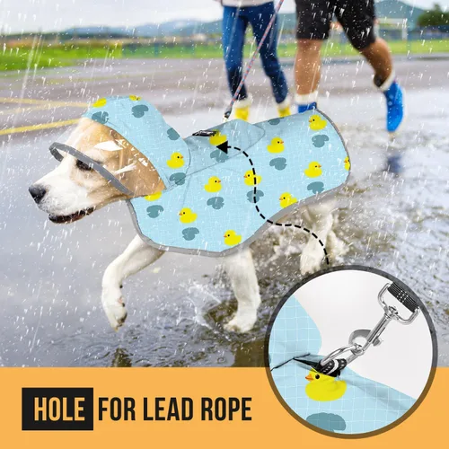 Vista 8 de SlowTon Chubasquero para perros, chaqueta de lluvia ajustable para perros con capucha transparente de doble capa, poncho impermeable con tiras