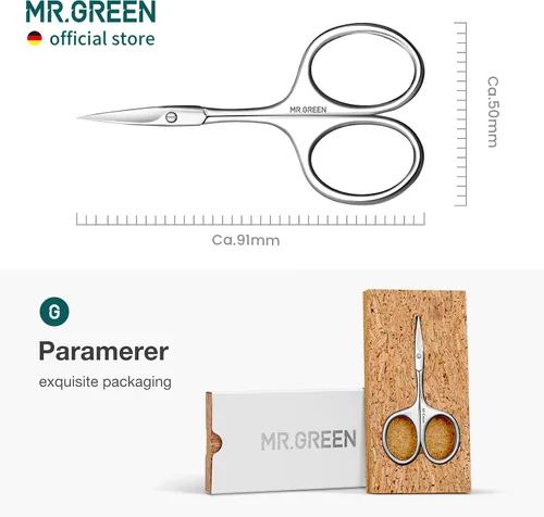 Vista 6 de MR.GREEN Tijeras de cejas Cuchilla curvada Cutícula Facial Hair Tijeras Profesional Acero Inoxidable Manicura Trimmer Removedor de Pelo (Mr-2001)
