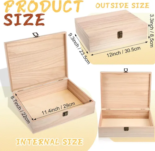 Vista 3 de Yookeer 4 cajas de madera sin terminar con tapa con bisagras y cierre frontal, caja de almacenamiento de madera rectangular de madera natural
