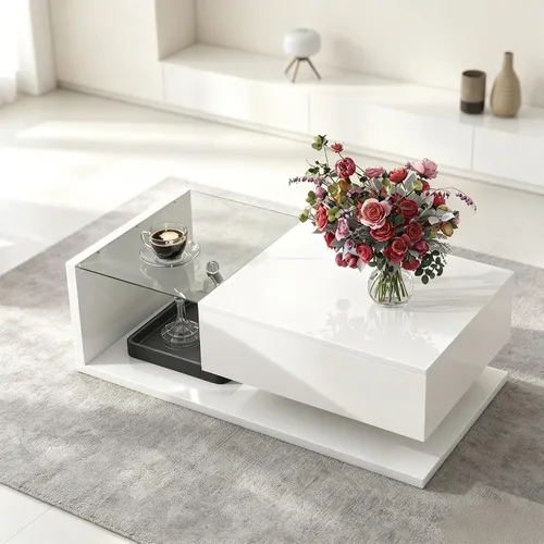 Vista 9 de LUMISOL - Mesa de centro moderna con cajón de almacenamiento para sala de estar, color negro Mesa central de alto brillo con vidrio templado, mesa