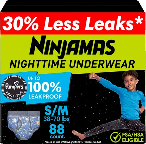 Vista 14 de Ninjamas Ropa interior nocturna para niños, talla S/M (38-70 libras), 14 unidades, protección durante la noche, ultra absorbente, hipoalergénica