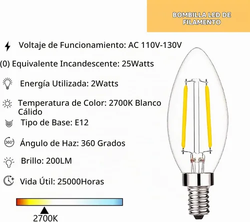Vista 2 de Sunaiony Bombillas LED para candelabros equivalentes a 25 vatios, bombilla LED B11 de 2 W, base E12 blanca cálida de 2700 K, bombillas Edison 2W