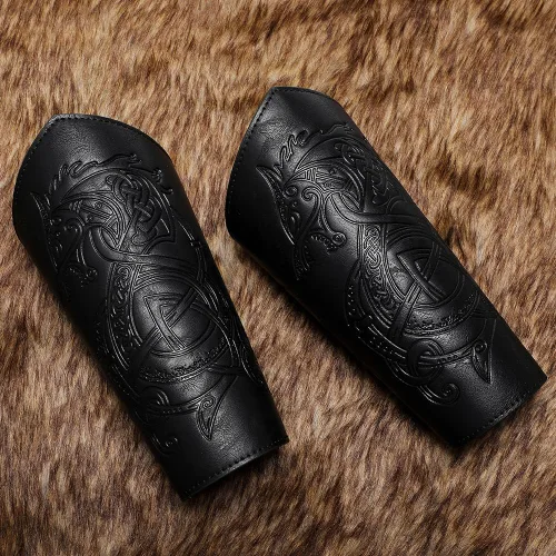 Vista 3 de Brazales de cuero medievales con diseño de dragón en relieve de cuero vikingo brazos, brazalete de cuero, guantelete de cuero, accesorios