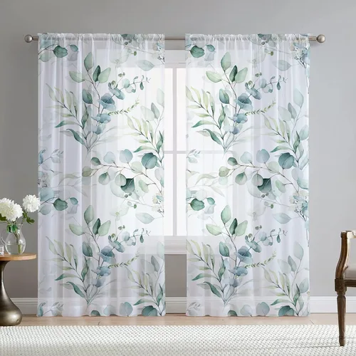 Vista 20 de Cortinas de hojas de eucalipto verdes para sala de estar de 63 pulgadas de largo, juego de 2 paneles elegantes de flores silvestres con estampado