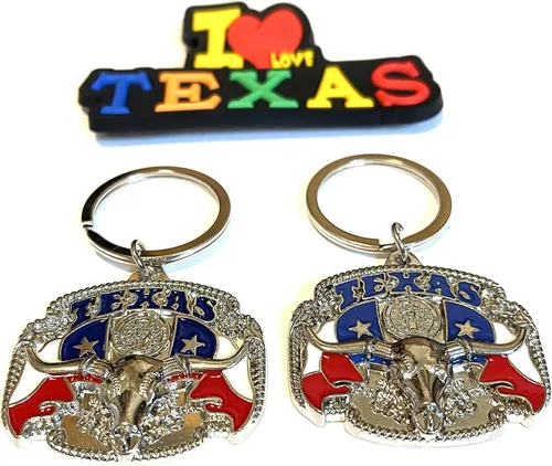 Vista 21 de Juego de 2 llaveros de recuerdo de Texas con imán para nevera con texto en inglés "I Love Texas", Diseño de horizonte de Dallas, Mediana