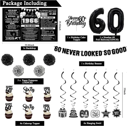 Vista 2 de Crenics Decoraciones de 60 cumpleaños en negro para hombres y mujeres - Telón de fondo de 1966, pancarta, pompones de papel, espirales colgantes