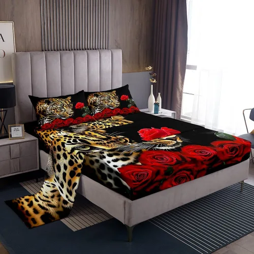 Vista 21 de Erosebridal Sábanas de cama de guepardo con rosa roja, juego de sábanas de bolsillo profundo con estampado de leopardo y gato, sábana bajera