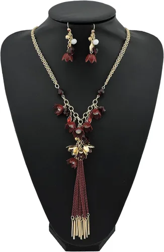 Vista 3 de Bocar Conjunto de joyería de 2 capas de cadena larga con colgante de flor y borlas para mujer