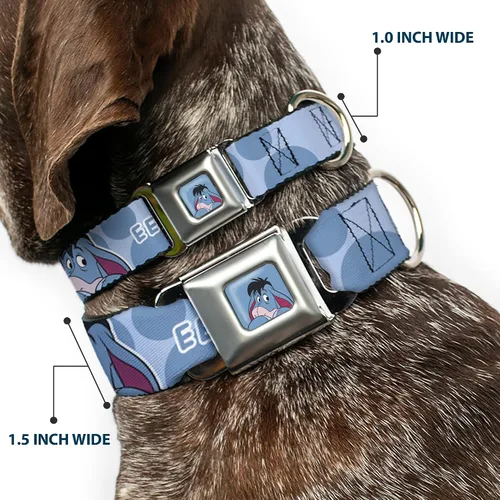 Vista 2 de Disney - Collar para mascotas, collar de perro, hebilla de cinturón de seguridad, Winnie The Pooh Eeyore Text and Expression Close Up Dot Blues, 9.5