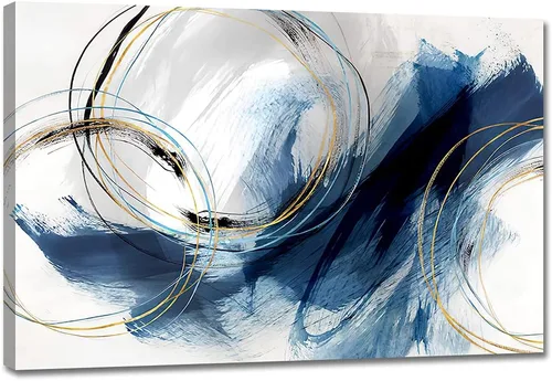 Vista 11 de Lienzo abstracto grande para pared, pinturas artísticas modernas de acuarela, fantasía negra y azul, graffiti colorido sobre fondo blanco