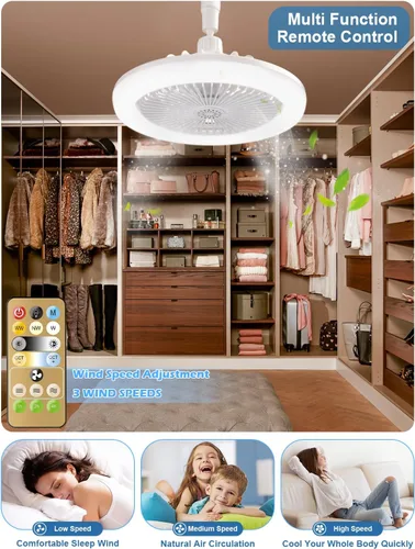 Vista 7 de CornerSmith Ventilador de techo cerrado con luz, ventiladores pequeños de enchufe sin aspas de 10 pulgadas con control remoto, luces LED regulables