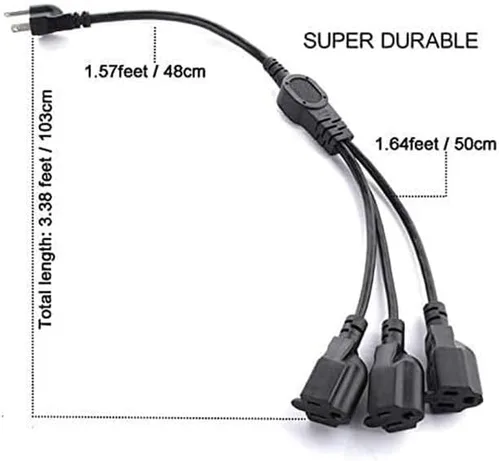 Vista 2 de Cable divisor de alimentación de 1 a 3 tomas de corriente de 3.3 pies/3.3 ft (NEMA 5-15P a NEMA 5-15R) 16 AWG para tira de cables resistente