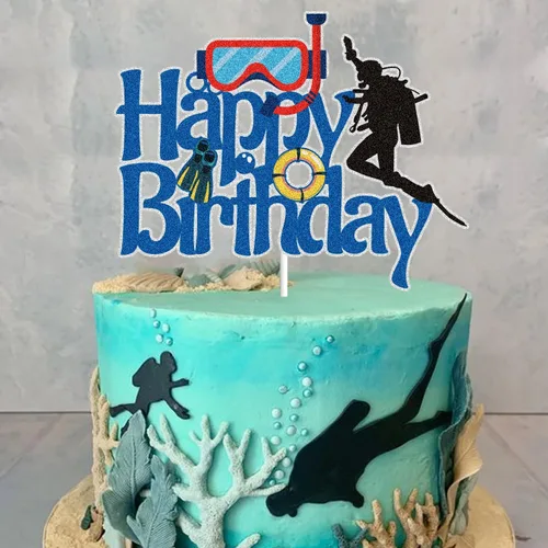 Vista 4 de Decoración para tartas de cumpleaños con purpurina azul, buceo, deportes submarinos, océano, verano, natación, pastel, decoración, buceador