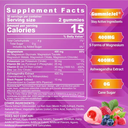Vista 2 de Gomas de magnesio 400mg Complejo de magnesio 5 en 1 para mujeres y hombres: glicinato de magnesio, citrato, malato, cloruro y taurato