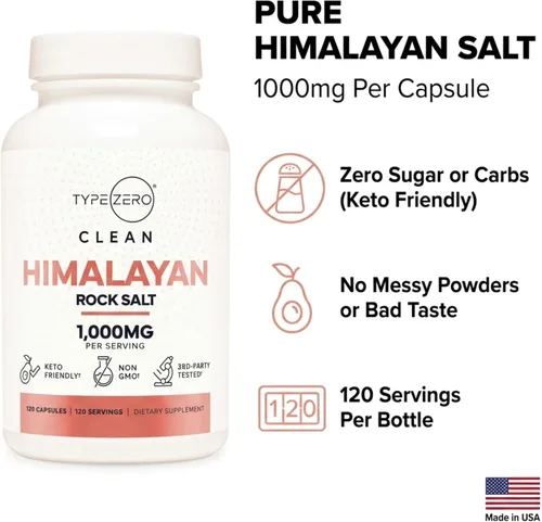 Vista 3 de Type Zero Cápsulas de sal de roca del Himalaya (120 cápsulas) (1000 mg por porción)