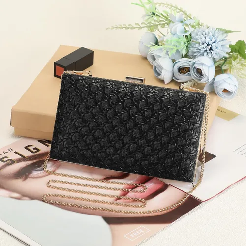 Vista 7 de Bolsos de mano de noche para mujer, bolso de noche formal tejido de piel sintética, bolso cruzado de hombro trenzado para fiesta de boda