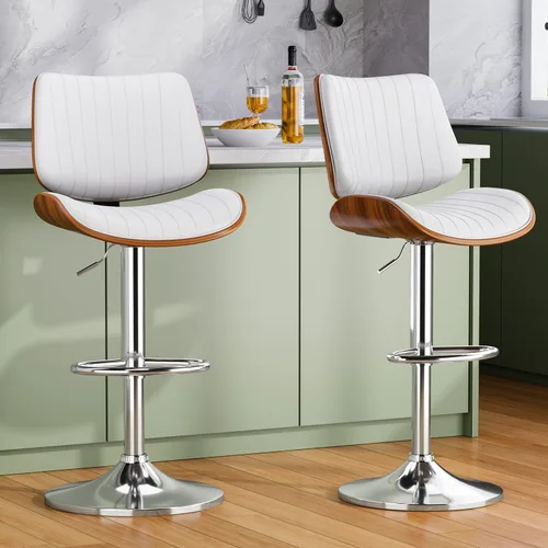 Vista 23 de Juego de 1 taburetes de bar giratorios de madera curvada ajustables para encimera de cocina, moderna silla de bar tapizada de piel sintética