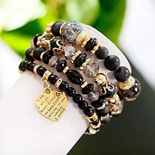 Vista 2 de LOLOMATO - Juego de pulseras bohemias de color rosa para mujer estilo étnico cuentas de piedra natural dije de tribu de color dorado pulsera