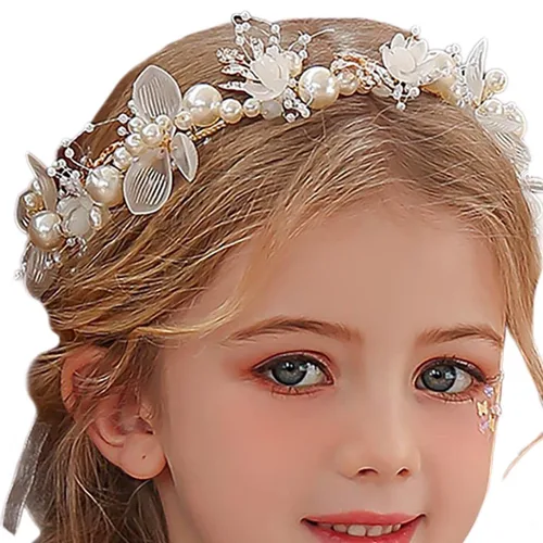 Vista 9 de Campsis Diadema para niñas con perlas y flores, diadema de boda de cristal azul, accesorios para el cabello para niñas