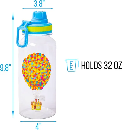 Vista 2 de Silver Buffalo Disney Pixar Up Casa y Globos Botella de Agua de Plástico con Boquilla Giratoria con Calcomanías que Tú Mismo Pegas, 32 Onzas