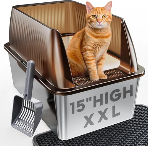 Vista 10 de Tripamin Caja de arena para gatos de acero inoxidable XL de 15 pulgadas, lados altos XXL de acero inoxidable con tapa, caja de arena de metal