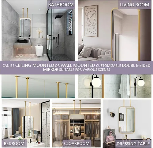 Vista 7 de Espejos de baño, espejo de barra colgante para montaje en techo, marco de metal dorado, espejo decorativo de pared para el hogar o hotel, vestidores