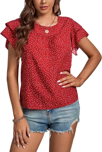 Vista 5 de LYANER Blusa de manga corta con cuello redondo y volantes para mujer