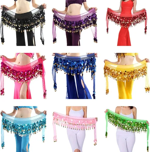 Vista 2 de Pañuelo para danza del vientre, falda para danza del vientre, monedas de lentejuelas brillantes, disfraces de bailarina del vientre para mujer