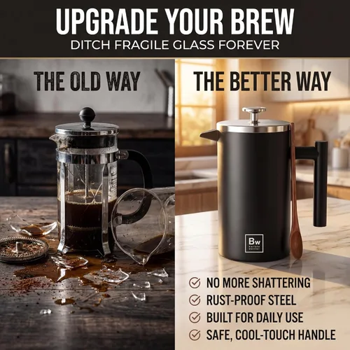 Vista 5 de Barista Warrior - Cafetera de prensa francesa, prensa francesa aislada de acero inoxidable de doble pared con termómetro integrado, cafetera de Negro