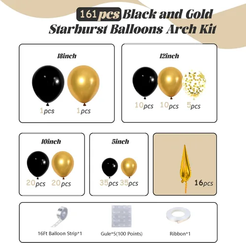 Vista 3 de Kit de arco de guirnalda de globos negros y dorados con globos de estrella en explosión, globos de látex de confeti de oro negro de 5/10/12/18