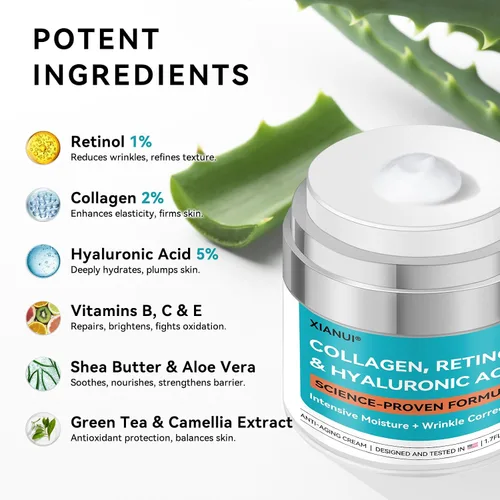 Vista 4 de Crema facial de retinol con colágeno y ácido hialurónico, hidratante facial antienvejecimiento y reafirmante para mujeres y hombres, crema de noche