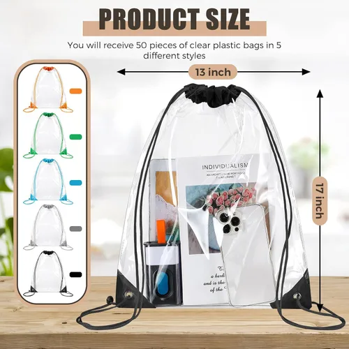 Vista 2 de 50 bolsas transparentes con cordón, bolsas de PVC deportivas, a granel, transparente, para estadio, impermeable, mochila transparente para gimnasio