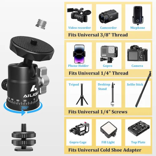 Vista 3 de Ailight Mini cabeza de bola, cabezal de trípode panorámico de 360°, adaptador de tornillo universal de 1/4 a 3/8 pulgadas, soporte de trípode