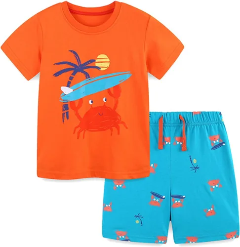 Vista 5 de Conjunto corto de algodón para niños pequeños, camiseta y camiseta de manga corta, 2 piezas Patrón de animales de dibujos animados.