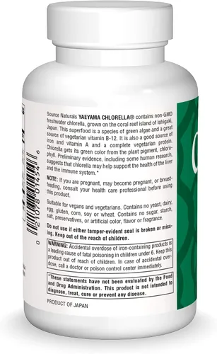 Vista 3 de Source Naturals Yaeyama Chlorella 200mg Algas Superalimento Suplemento Nutricional Fuente de B-12, Hierro, Proteína y Vitamina A - 600 Tabletas
