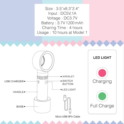 Vista 6 de Lyon Lash Portable USB Rechargeable Bladeless Mini Fan/Air Conditioning Blower/Handheld Cooling Dryer, Essential Eyelash Extension Supplies, Dries
