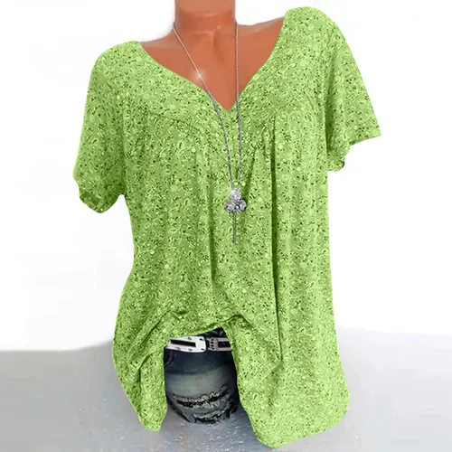 Vista 2 de Floral Loose Fit Long Tshirts for Women Fall Summer Short Sleeve Crew V Neck Pleated Tee Shirt Tops Women 2024