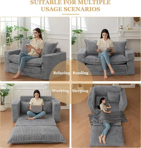 Vista 6 de Sofá Cama de Dos Plazas, Sofá Cama Convertible Sillón Futón para Sala de Estar, Sofá de Piso Extraíble 3 en 1 con Cojín y Almohadas, Gris Oscuro