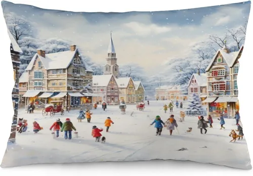 Vista 26 de Funda de almohada con escena de pueblo navideño con niños, fundas de almohada de 12 x 20 pulgadas, almohadas decorativas de Navidad para sofá, funda
