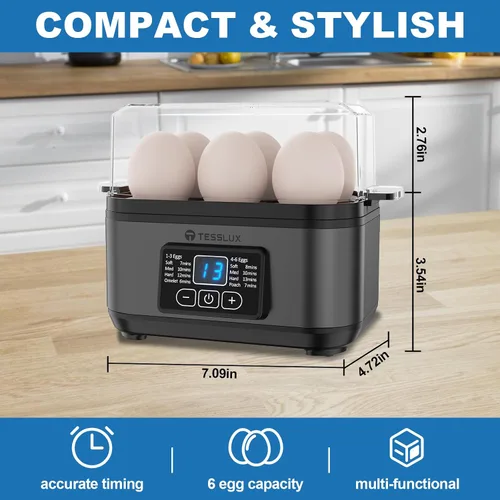 Vista 2 de Tesslux Cocedor Eléctrico Rápido de Huevos, Capacidad para 6 Huevos para Huevos Duros, Huevos Escalfados, Huevos Revueltos, o Fabricante de Gris