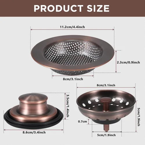 Vista 2 de Mudder 3 piezas de colador y tapón de drenaje para fregadero de cocina, tapón de eliminación de basura de acero inoxidable con asa, filtro universal