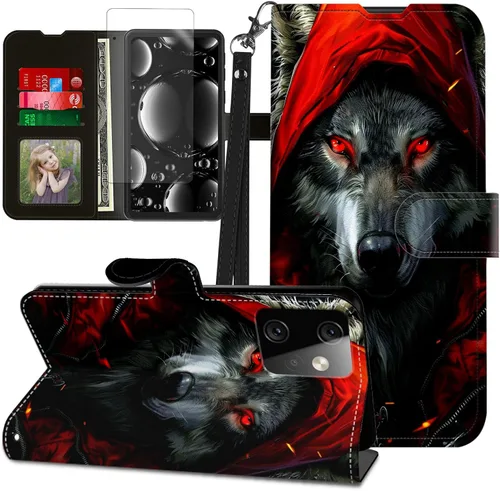 Vista 397 de Funda para Motorola Edge 2022 con protector de pantalla, soporte y tarjetero y correa para la muñeca, funda magnética para Moto Edge 2022 5G UW Lobo